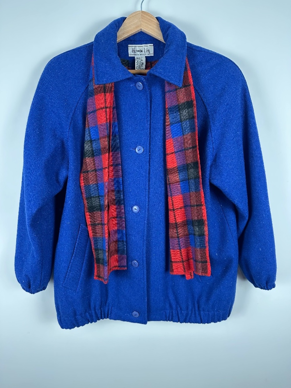Vintage Herman Kay Blue Wool Blend Jacket Plaid Scarf Size 8